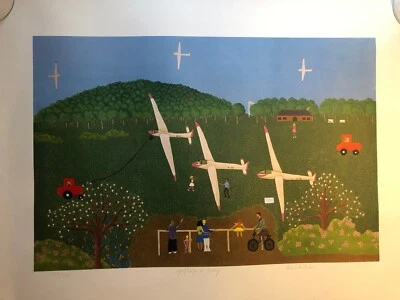 Vintage Lithographie ‚Segelfleigen in Boberg‘ 1973 signiert Elan Schübtchen - Bild 1 von 4