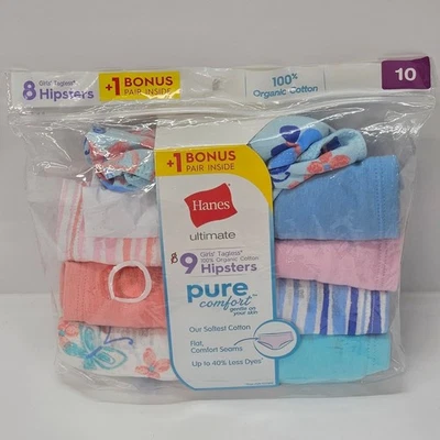 Hanes Girls Tagless 100% Organic Cotton Hipsters Underwear 9 Pairs Size 10 - Image 1 of 4