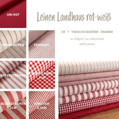 Leinen Meterware rot/weiß - Leinenstoffe bedruckt Landhaus, Naturstoff  *ab 50cm - Bild 1 von 4