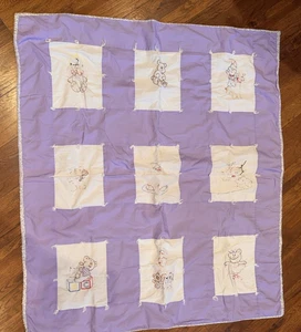 VTG Purple Handmade Baby Quilt Blanket Embroidered Squares 40 x 44 Needs work - Picture 1 of 14