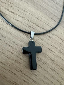 Black Onyx Cross Pendant Necklace – 18” Faux Leather Cord – Gothic Unisex Gift - Picture 1 of 7