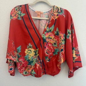 Flying Tomato Floral Wrap Blouse Women’s Small Rust Red Floral Surplice Batwing - Picture 1 of 5