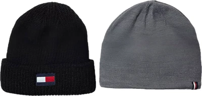 全新 Tommy Hilfiger 2 包 男女皆宜 黑色 带铐和灰色 抓绒 标志 豆豆帽 — 第 1/4 张图片