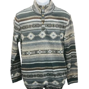 Departwest Native Streifen Pullover blau hellbraun Stehkragen Fleece gefüttert Viertel Druckknopf M - Bild 1 von 4