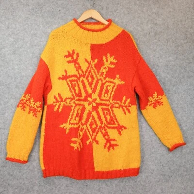 90s VTG EXPRESS Tricot Snowflake Wool Sweater S Orange Fisherman Chunky Holiday - Image 1 of 4