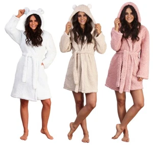 Womens Luxury Sherpa Teddy Bear Dressing Gown 3D Hooded Robe Ladies Housecoat - Picture 1 of 7