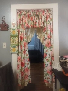 Red Floral Curtains Set Of 5 Pieces Linen Handmade New - Picture 1 of 16