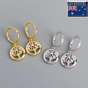 Woman s925 Sterling Silver Tree of Life Starry Multicolor CZ Earring Clip Huggie - Picture 1 of 6