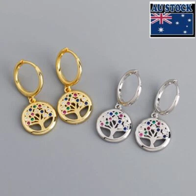 Mujer s925 Plata Esterlina Árbol de la Vida Estrellado Multicolor Circonita cúbica Pendiente Clip Huggie Foto 1 de 4