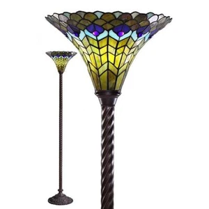 Tiffany Lamp Jeweled Peacock Torchiere Floor Lamp with Metal Stand Set of 1 - Picture 1 of 1