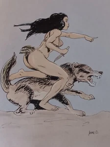 female figure drawing Ink pastel CP artist Jerome Cadd "Wolf Girl Hunt" - Picture 1 of 5