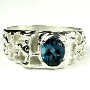 925 Sterling Silver Men's Nugget Ring, London Blue Topaz,SR197 - Picture 1 of 5
