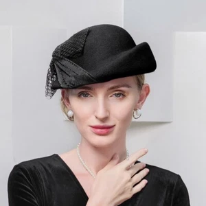 Black Cocktail Hat Wool Beret Tea Party Church Pillbox Hats With Veil Bowknot - Picture 1 of 3