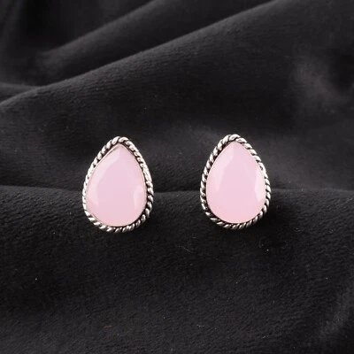 Gemelos vintage hechos a mano de plata de ley 925 con piedras preciosas de calcedonia rosa para hombre Foto 1 de 3