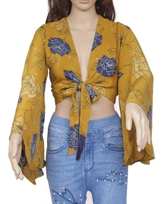 Sushila Vintage Bohemian Bell Sleeve Recycled Silk Saree Top 70,s Retro Green - Image 1 of 4