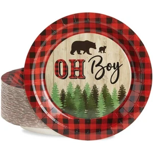 BLUE PANDA 80Pack Oh Boy Buffalo Plaid Paper Party Plates for Lumberjack Baby Sh - Picture 1 of 8
