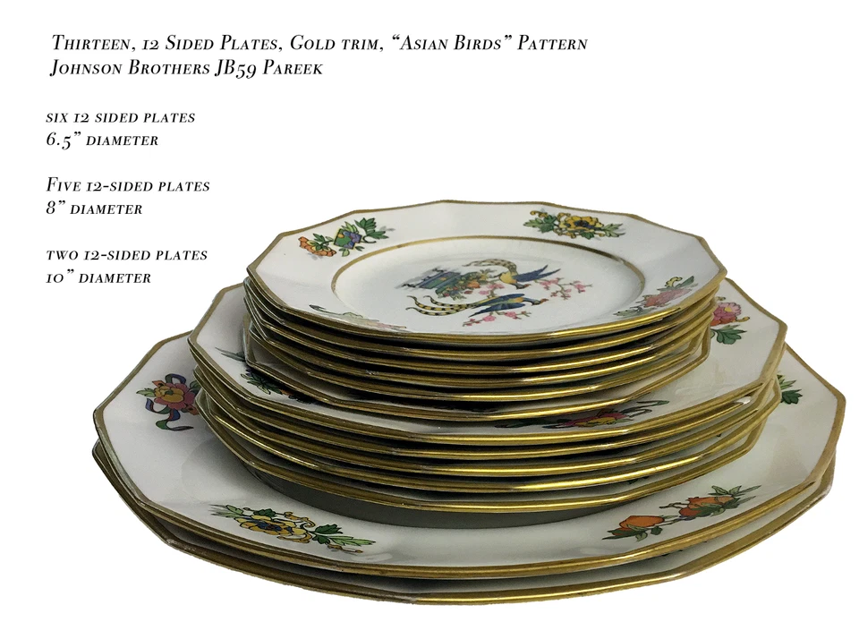 SET of JB59 Pareek gold trimmed 12-sided plates. "Asian Birds". 13 plates - Image 1 of 3