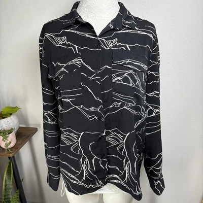 Blusa Topshop Negra Blanca Caballo Montaña Abstracta Abotonada Talla UK 12/US 8 Foto 1 de 4