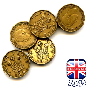 Juego de (x5) monedas británicas de 1941 George VI TRES PENIQUES, ¡84 años! - Imagen 1 de 1