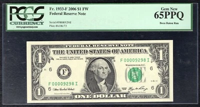 FR. 1933-F 2006 $1 FW FRN ATLANTA, GA “LOW SERIAL #9298” PCGS GEM UNC-65PPQ - Image 1 of 2