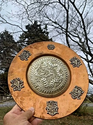 Антикварная китайская медная серебряная позолоченная настенная пластина кои с ЛИЦОМ ДРАКОНА ❤️SJ10M3 - Изображение 1 из 4