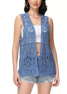 Womens Floral Crochet Cardigan Lace Trim Sleeveless Open Front Vest - Picture 1 of 88