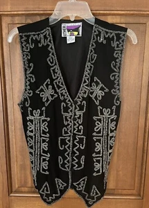 1970’s Black Silk~Silver Beaded Vest~Other Destination~Made In India Size Large - Picture 1 of 11
