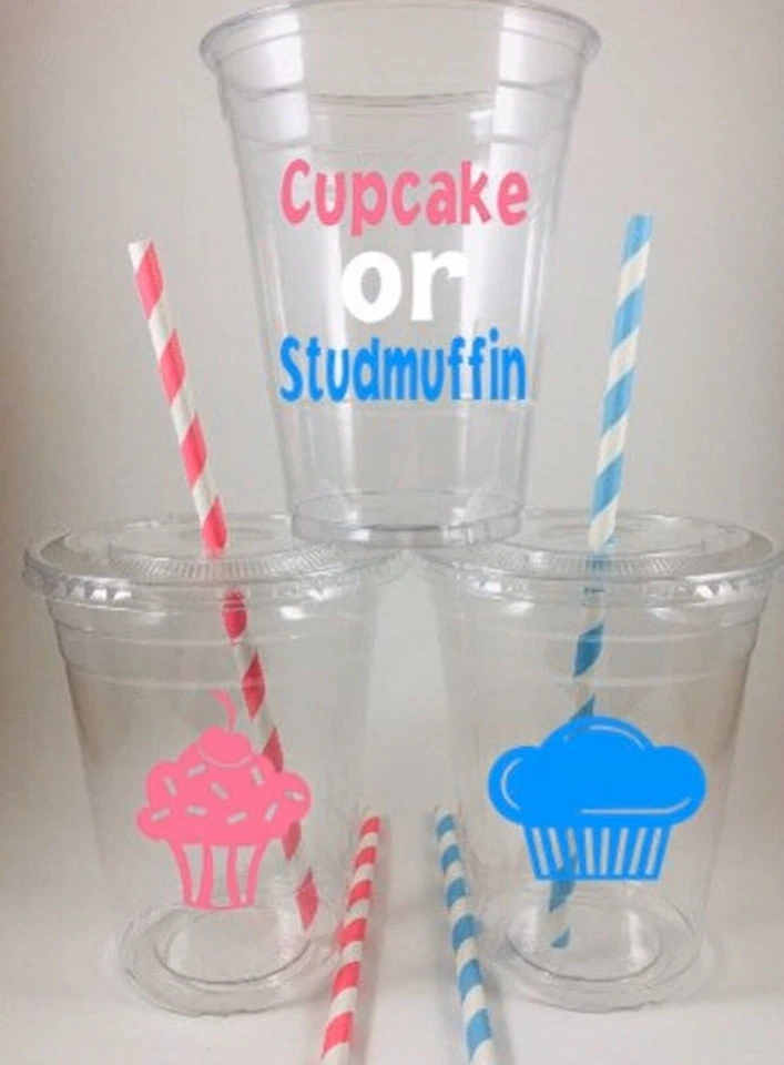 Baby Gender Reveal Cupcake or Studmuffin Party Cups Set 12 With Lids Straws - Image 1 of 1