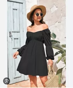 Fekermia Mini Dress Casual A Line Square Neck Long Puff Sleeve BLACK Size Large - Picture 1 of 4