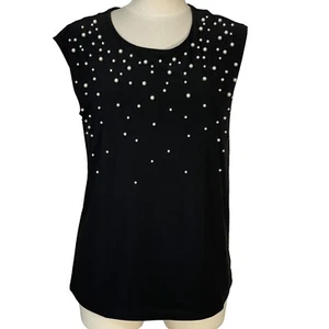 Carmen Marc Valvo schwarz Stretch Kurzarm Perlen Akzent Top T-Shirt Gr. L - Bild 1 von 8
