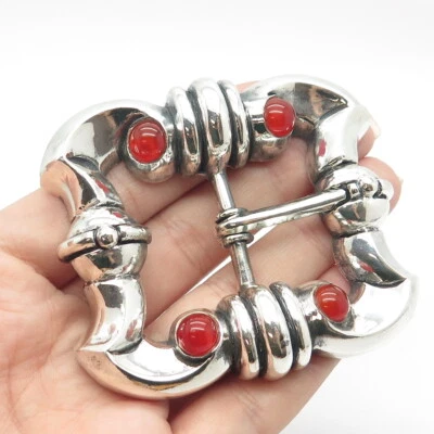 925 Sterling Silver Vintage Real Carnelian Gemstone Belt Buckle - Image 1 of 4