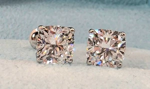 4.00 Cushion D VS1 Lab Grown Diamond Studs IGI Certified 14k White Gold Screw - Picture 1 of 12