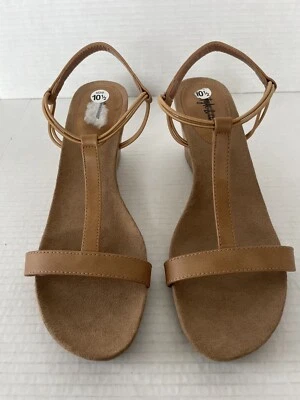 Style&Co Heels Womens 10.5M Mulan Open Toe Wedges TStraps Brown Slip On - Image 1 of 4