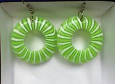 Vintage   Plastic Lucite Acrylic  Earrings Green and White Lines