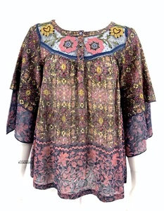 New Anthropologie Postmark Embroidered Swing Top SZ S Bell Sleeve Layered Knit  - Picture 1 of 9