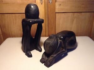 Two Vintage Hand Carved Wooden Sculpture Statues Made in Indonesia 