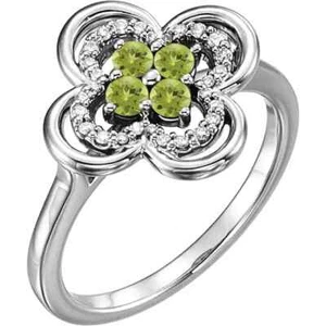 Anillo de trébol de diamantes de peridoto y 1/10 CTW en oro blanco de 14 K - Imagen 1 de 2