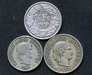 1907 Switzerland 5 Rappen 1913 10 Rappen & 1920 Half Franc Coins - Picture 1 of 2