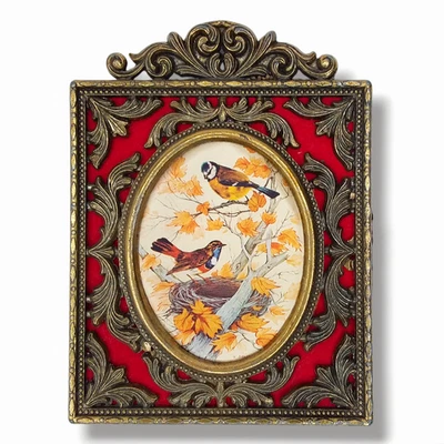 Vtg Bronze Framed Birds Silk Print Art Red Velvet Ornate Whimsigoth Italy Fall - Image 1 of 4