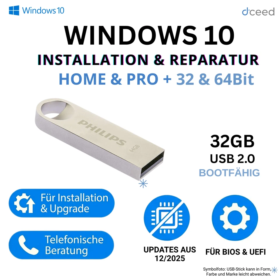 Windows 10 PRO HOME 32GB Philips Boot Stick Neuinstallation Reparatur 32 & 64Bit