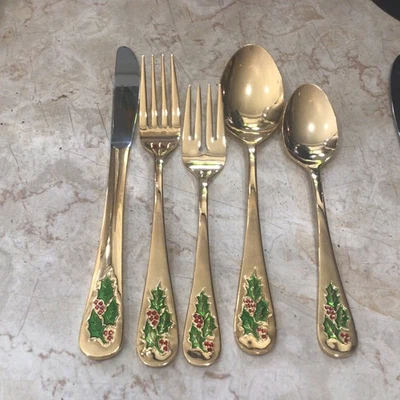 Lote De 4 Cubiertos Holly Berry Tono Dorado 5 piezas Lugar Set Japón Navidad Foto 1 de 4