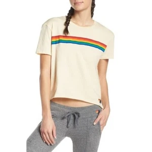 AVIATOR NATION Rainbow 7-Stripe Cropped Distressed Tee Size S ASO Shelby Simmons - Picture 1 of 8