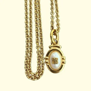 36” Vintage Givenchy Logo Pendant Chain Necklace HTF Gold Tone Faux Pearl - Picture 1 of 7