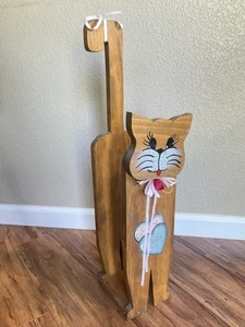 Vintage Handarbeit 80er Holz Katze Ersatz Toilettenpapier Rollen Halter freistehend Boho - Bild 1 von 10