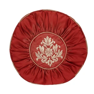 Round Throw Pillow Floral Embroidered Red Beige MCM Boudoir Bedroom Sitting Room - Picture 1 of 7