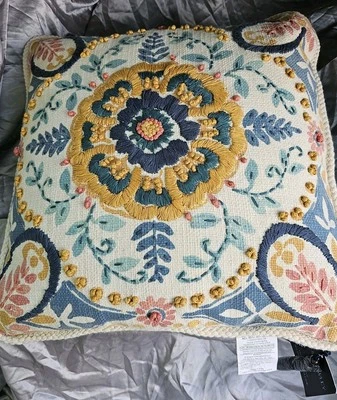 Cynthia Rowley Pillow Decorative Feather Plush Flowers BOHO Hippy Pattern New - Image 1 of 4
