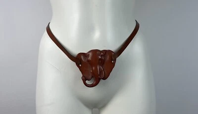 VTG. 80s Skinny Leather Belt Elephant Buckle Safari Brown M ( fits 29"-31" ) - Image 1 of 4