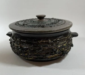 Vintage Iceland Glit Real Lava Ceramic Lidded Bowl Brutalist Green Brown - Picture 1 of 15