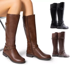 Women Fashion Low Heel Knee High Boots Round Toe Side Zipper Boots Shoes - Picture 1 of 10