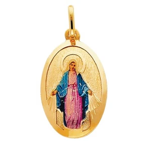 14K Yellow Gold Blessed Virgin Enamel Picture Religious Pendant For Necklace - Picture 1 of 4